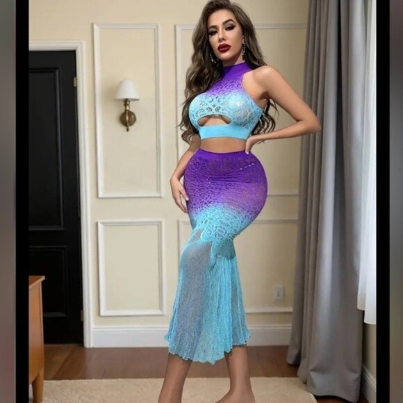 Blue & Purple Gradient 2pc Crop Top & Long Fishtail Skirt Fishnet Set - Picture 4 of 8
